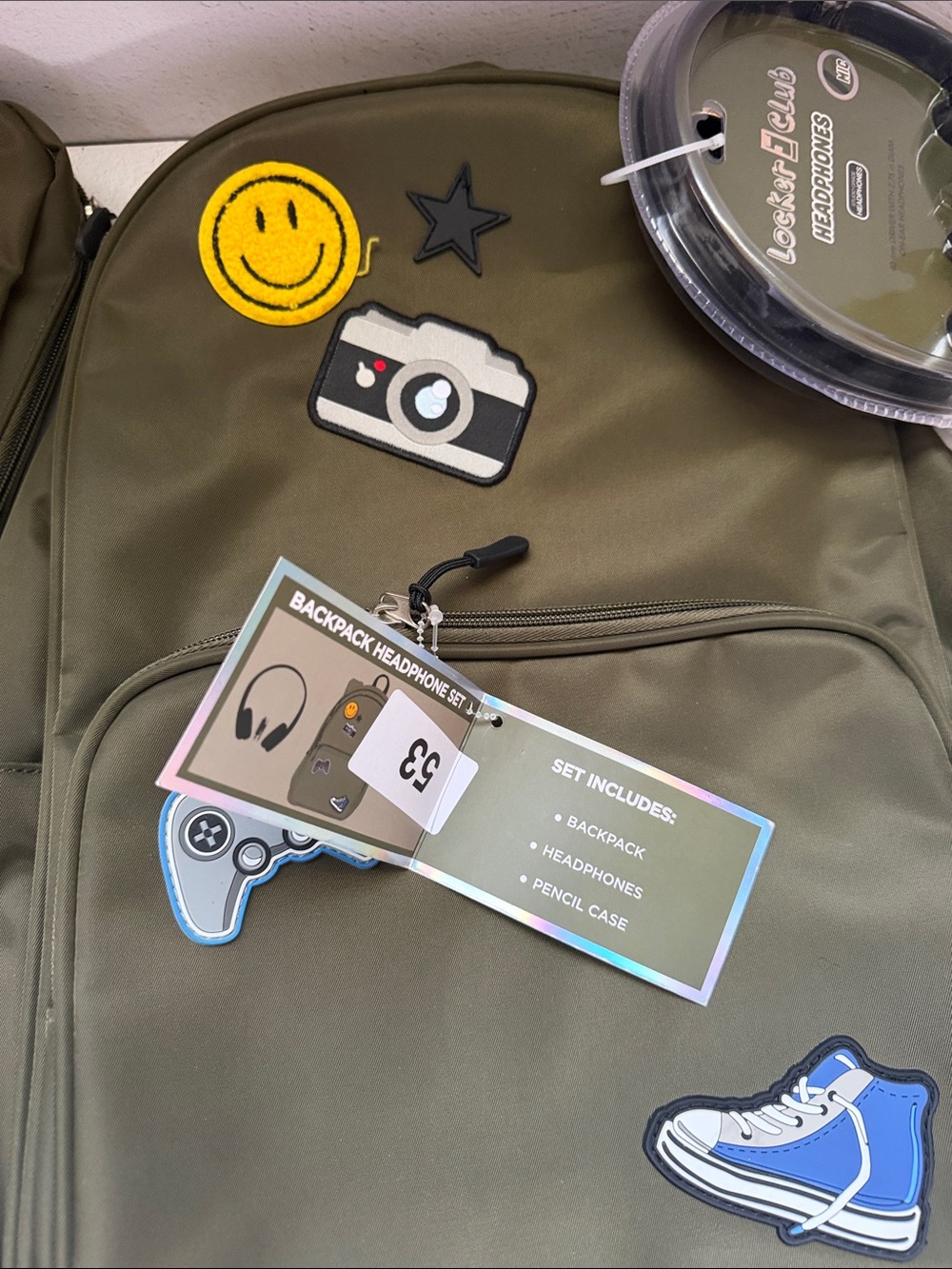 Olive Green Backpack with Fun Patch Accents - Picture 3 of 13